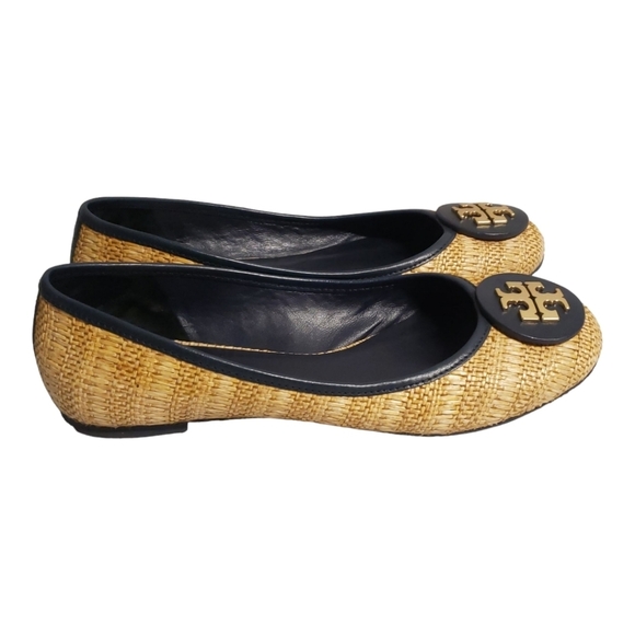 Tory Burch Reva Black & Raffia Straw Woven Flats Size 8.M - Picture 4 of 10